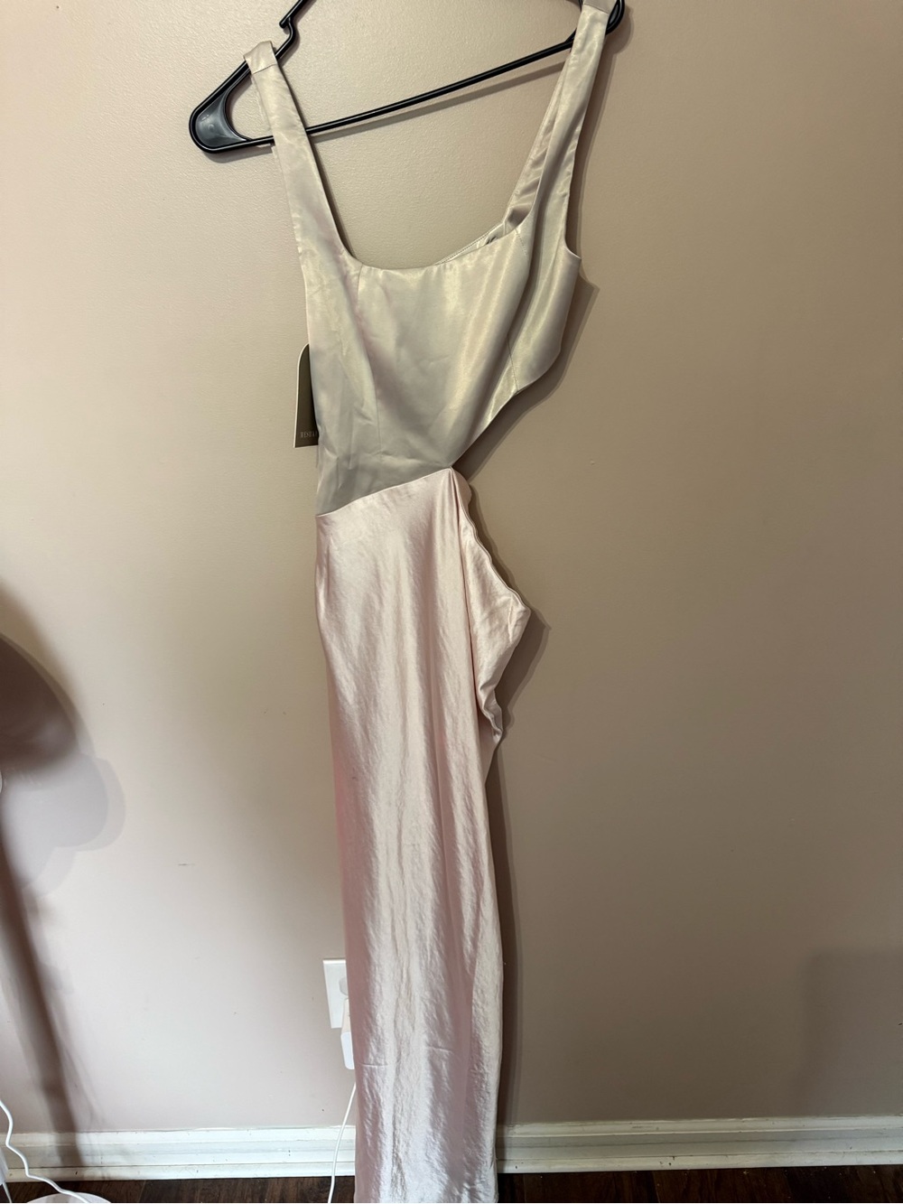 Meshki Two-Tone Satin Backless Maxi Dress in Ivory and Blush